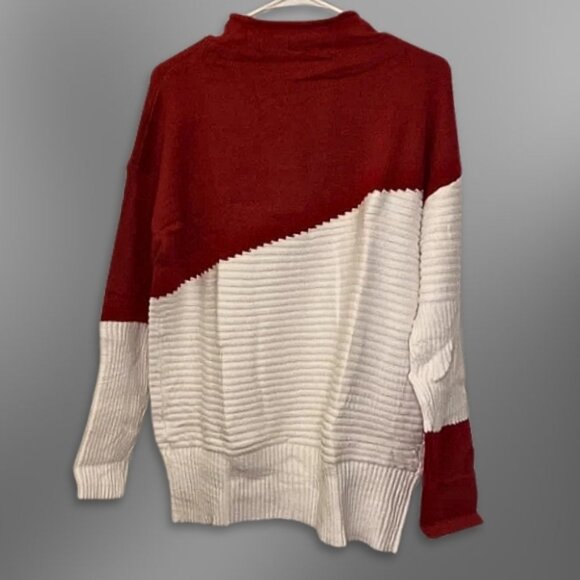 Ribbed Knit Sweater Crew Neck Durable Fabric Blend Color Block Burgundy/White L - Picture 2 of 6